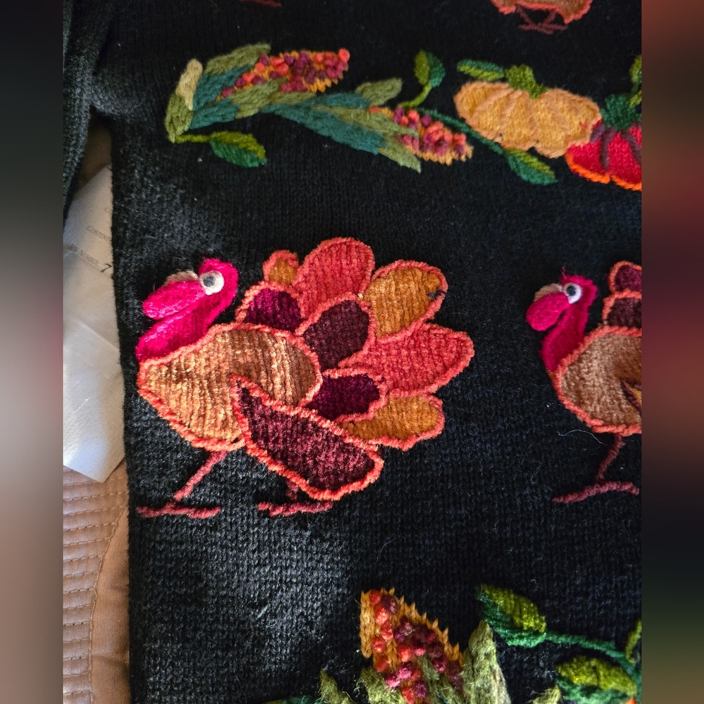 Holiday Black Turkey and Pumpkins Cardigan Sweater - Picture 4 of 10